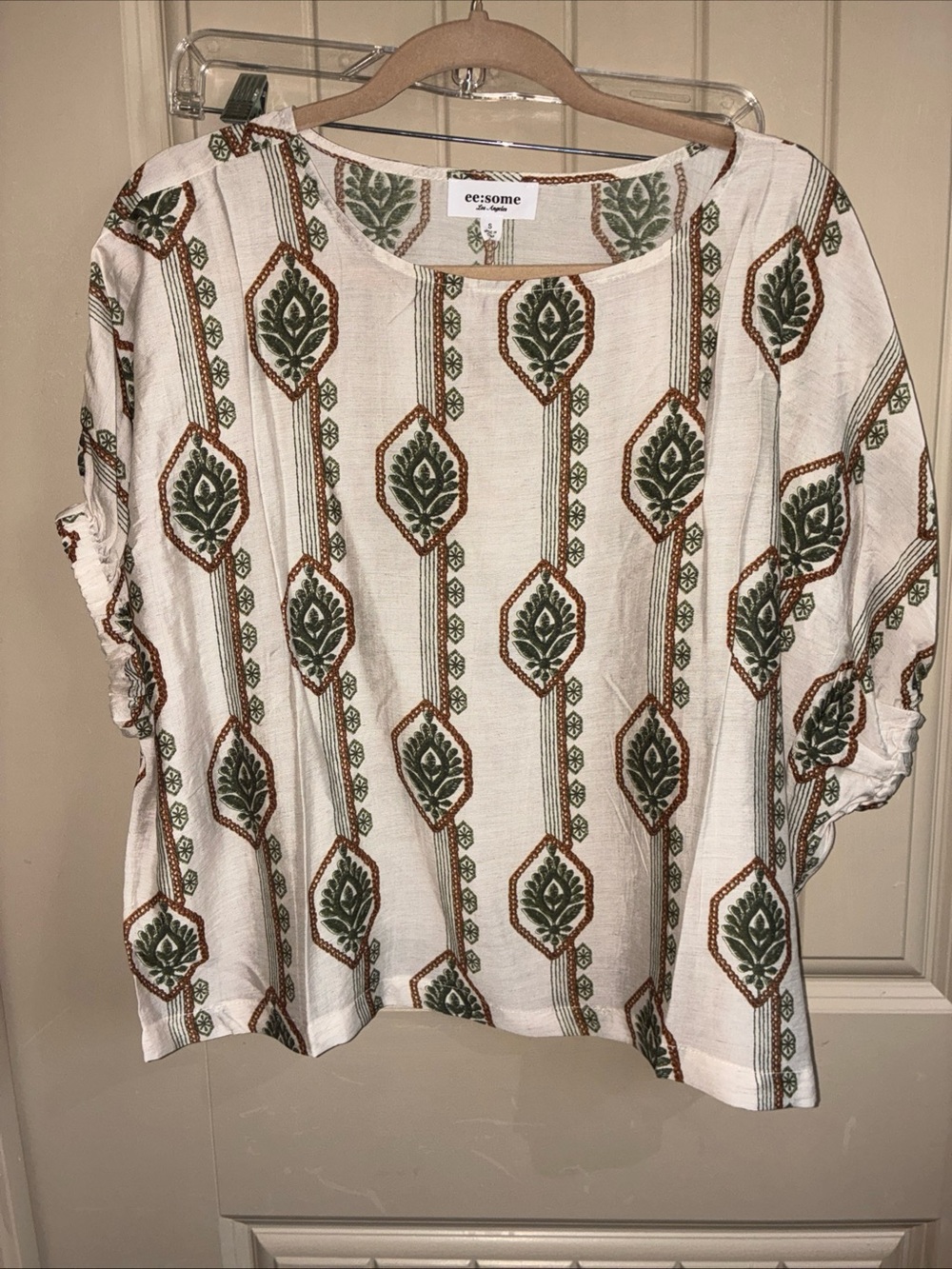 eesome Cream Blouse with Green and Brown Leaf Stripe Print